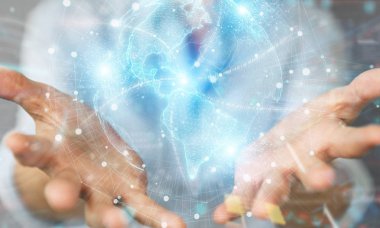 Amerika Birleşik Devletleri harita dünya ağ hologramı kullanarak Businesswoman 3D yeniden