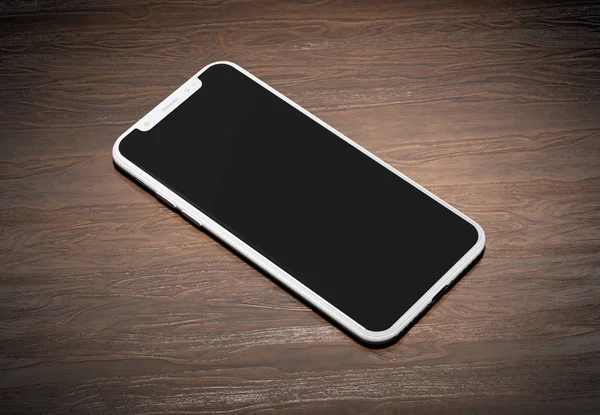 White modern smartphone mockup on wood 3D rendering — ストック写真