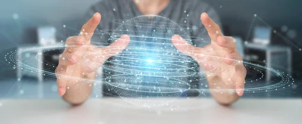 Homme d'affaires utilisant hologramme de connexion de sphère numérique 3D renderin — Photo