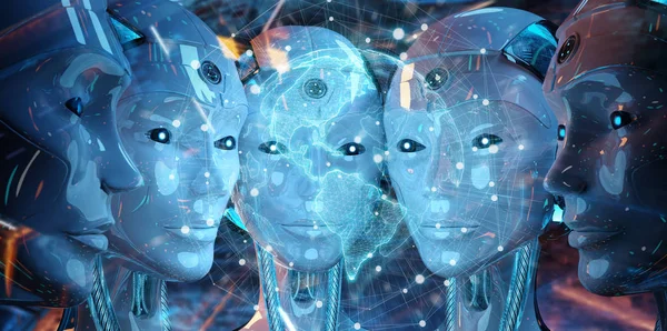 Group of female robots heads watching world map interface 3d ren