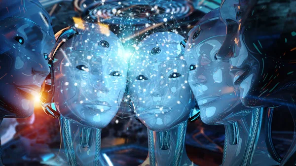 Grupo de cabezas de robots femeninos creando red de esfera digital 3d —  Fotos de Stock