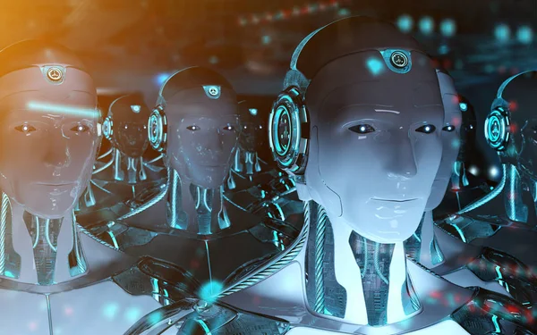 Grup lideri cyborg ordu 3d render takip erkek robotlar — Stok fotoğraf