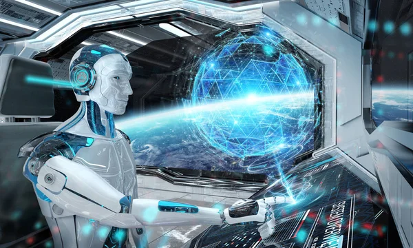 Robot i ett kontrollrum som seglar under en vita moderna rymdskepp med vinst — Stockfoto