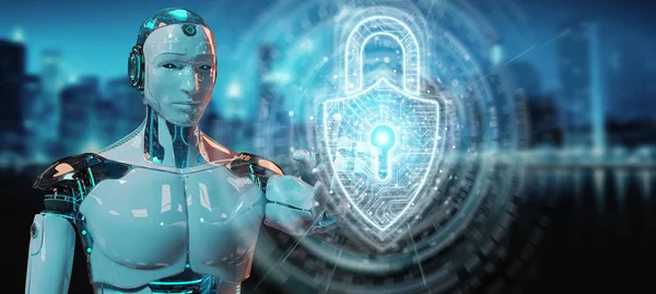 Vit robot skyddar datas med digital säkerhet hänglås holog — Stockfoto