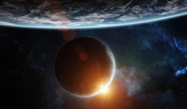 Uzak bir gezegende sistemi ile exoplanets 3d render elem alanda