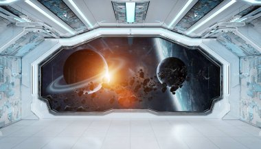 Beyaz mavi uzay gemisi fütüristik iç pencere manzaralı spa