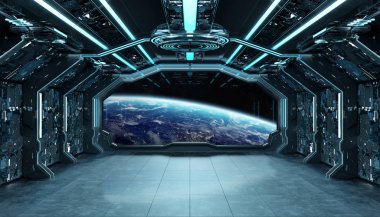 Koyu mavi uzay gemisi fütüristik iç planı üzerinde pencere Manzaralı