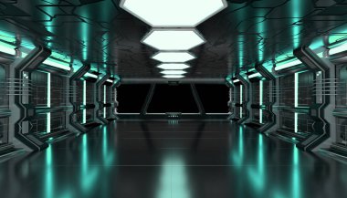 Pencere manzaralı koyu yeşil uzay gemisi fütüristik mockup iç