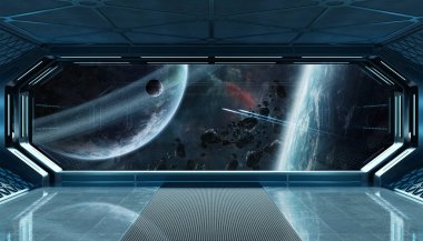 Koyu mavi uzay gemisi fütüristik iç spac pencere Manzaralı
