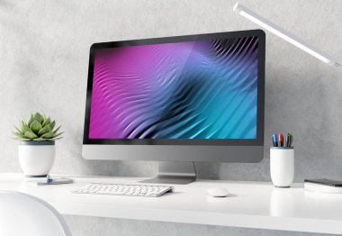 Beyaz masaüstü ve beton i modern siyah ve gümüş bilgisayar