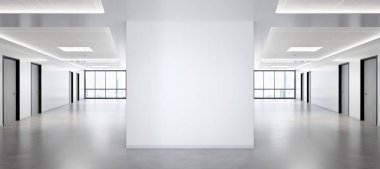 Büyük pencereler ve güneş p ile ofis mockup boş kare duvar