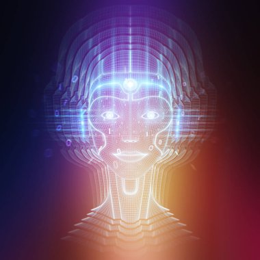 Robot cyborg baş yapay zeka 3d render öğrenme