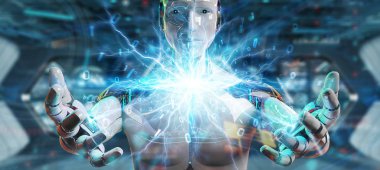 Beyaz insansı robot yenilenebilir ve sürdürülebilir eko ener oluşturma