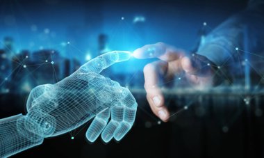 Karanlık 3d üzerinde insan eli ile bağlantı Wireframed Robot el parçalamak