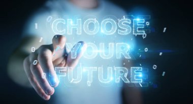 Gelecekteki metin arabirimi 3d rendering kullanarak iş adamı