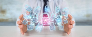 İşadamı 3d renderi tarafından kullanılan web güvenlik koruma arayüzü