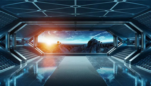 Mörk blå rymdskepp futuristisk interiör med fönster syn på spac — Stockfoto