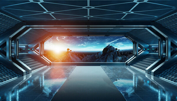 Dark blue spaceship futuristic interior with window view on space and planets 3d rendering elements of this image furnished by NASA