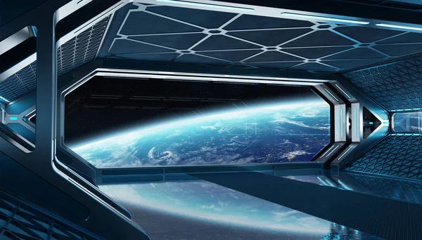 Navire spatial bleu foncé intérieur futuriste avec vue fenêtre sur le plan — Photo