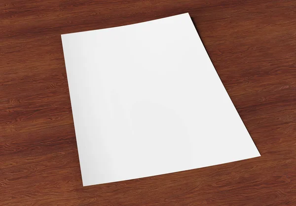 Modello A4 foglio di carta bianco su legno rendering 3D — Foto Stock