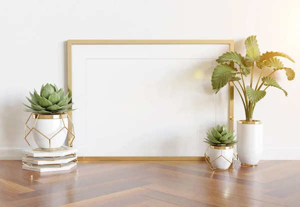 Houten frame leunend in helder wit interieur met planten en de — Stockfoto