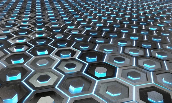Glowing black and blue hexagons background pattern on silver met
