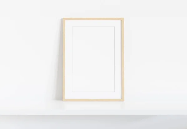 Houten frame leunend op witte ijskast in Bright interieur mockup 3 — Stockfoto