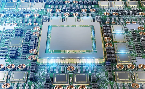 Close-up view of a modern GPU card with circuit 3D rendering — Stock Photo, Image