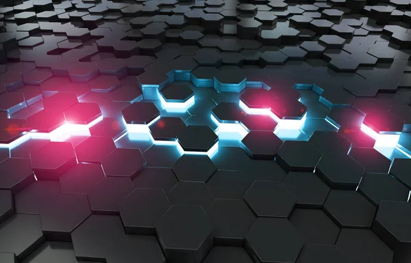 Glowing black blue and pink hexagons background pattern on metal