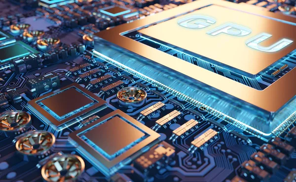 Close-up beeld van een moderne Gpu-kaart met circuit 3D-rendering — Stockfoto