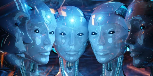 Grup birbirlerinin cyborg ordu kavramı yakın kadın robotlar — Stok fotoğraf