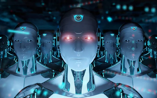 Grup lideri cyborg ordu 3d render takip erkek robotlar — Stok fotoğraf