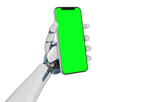 Branco robô mão segurando smartphone mockup 3d renderização — Fotografia de Stock