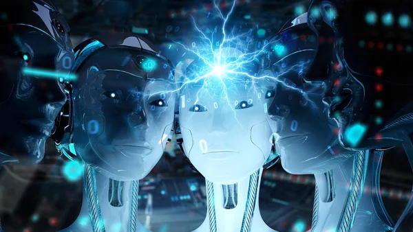Grupo de cabeças de robôs femininos criando conexão digital 3d rend — Fotografia de Stock