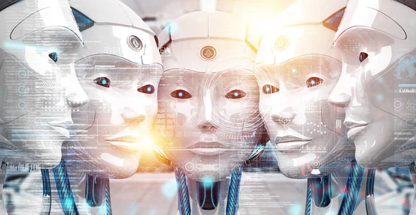 Csoport női robotok fejek digitális hologram segítségével 3D-s r képernyők — Stock Fotó