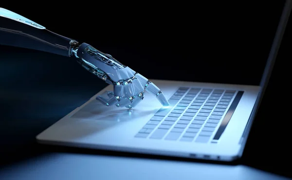 Cyborg mano presionando un teclado en una renderización 3D portátil — Foto de Stock