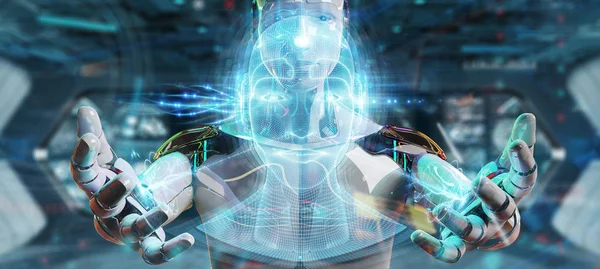 White robot  using digital artificial intelligence head interfac — Stock Photo, Image