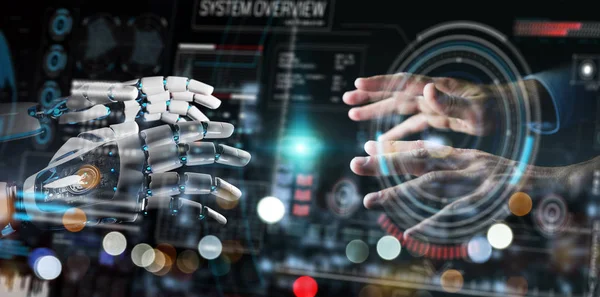 Mão robô e mão humana tocando interface gráfico digital re 3D — Fotografia de Stock