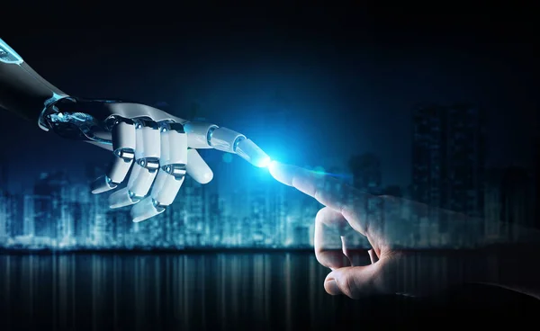 Robot hand making contact with human hand on dark background 3D