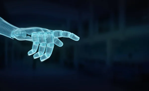 Robot bleu Wireframed pointant du doigt sur le rendu 3D foncé — Photo
