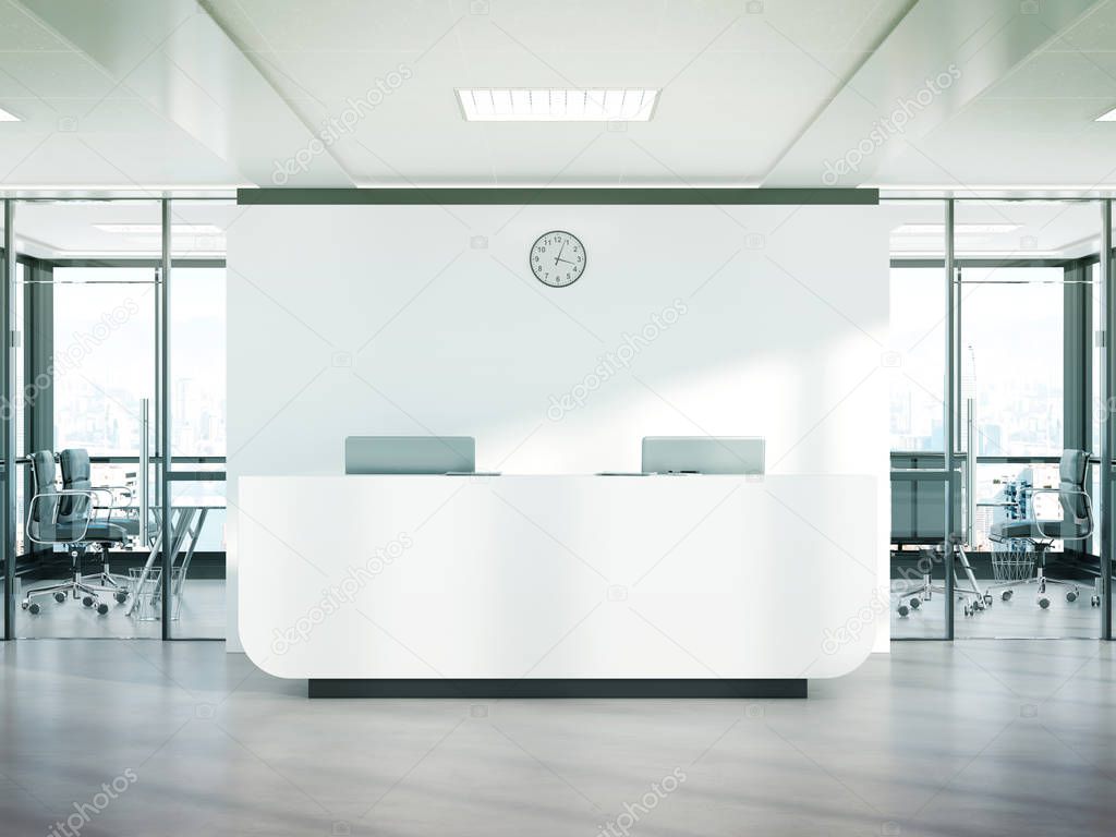 Blank white reception desk in bright concrete office with large windows Mockup 3D rendering