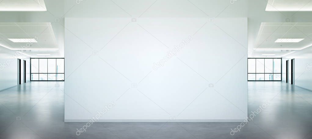 Blank wall in bright office mockup with large windows and sun pa