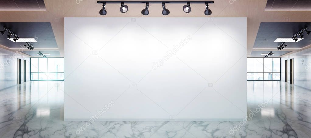 Blank wall in bright marble and wooden office mockup with large windows and sun passing through 3D rendering