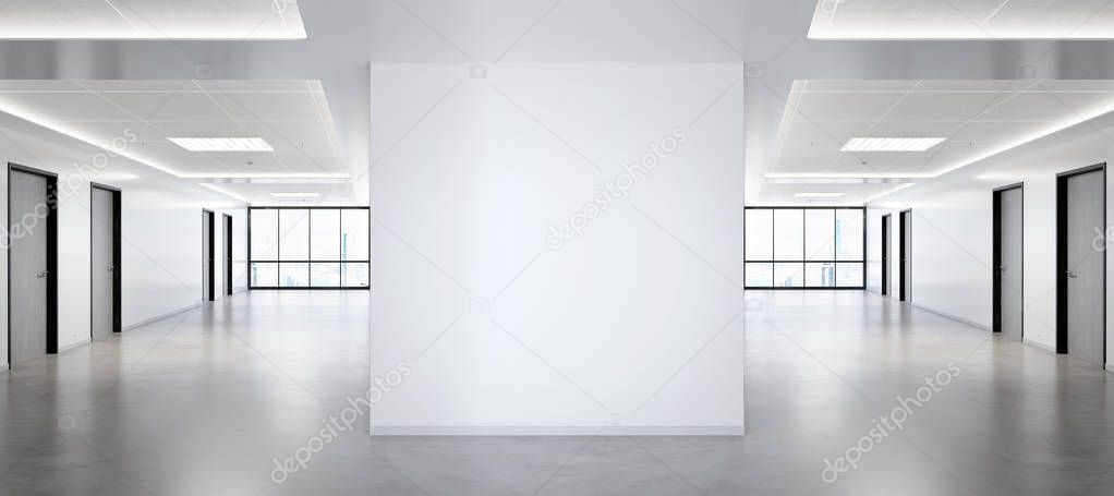 Blank squared wall in bright office mockup with large windows and sun passing through 3D rendering