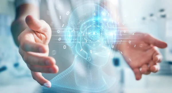 Uomo d'affari che utilizza l'interfaccia testa intelligenza artificiale digitale — Foto Stock