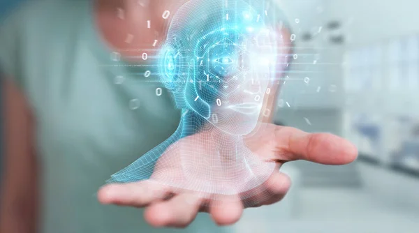 Donna che utilizza l'interfaccia testa intelligenza artificiale digitale 3D re — Foto Stock