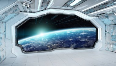 Beyaz mavi uzay gemisi fütüristik iç pencere manzaralı pla