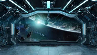 Koyu mavi uzay gemisi fütüristik iç planı üzerinde pencere Manzaralı