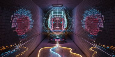 Cyborg hologram bir metro iç 3d render izlerken