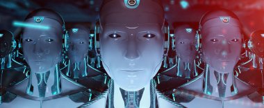 Grup lideri cyborg ordu 3d render takip erkek robotlar